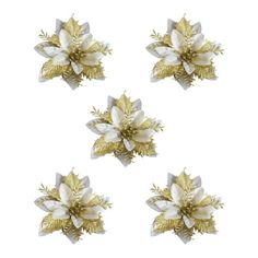 four gold and white flowers on a white background