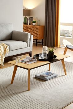 a living room scene with focus on the coffee table