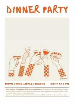 an orange and white dinner party poster with hands holding wine glasses in the air,