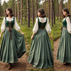 Womens Larp Costume, French Peasant Dress, Medival Outfits Halloween, Medieval Larp Costume, Green Peasant Dress, Midievil Fashion Princess, Green Maid Dress, Women Hobbit Cosplay, Fantasy Peasant Outfit