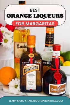 orange liqueurs for margarita's with text overlay