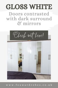 Gloss white doors contrasted with dark surround & mirrors Shaker Wardrobe Doors, Glass Wardrobe Doors, Fitted Wardrobe Doors, Mirrored Wardrobe Doors, Wardrobe Laminate Design