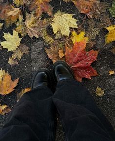 a person's feet in black shoes standing on the ground surrounded by autumn leaves