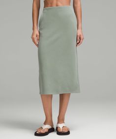 Feel It To Believe It. From Running Errands To Relaxed Nights In, This Lounge-Worthy Midi Skirt Dials Up The Softness. Designed For Casual. Hits Below The Knee To Just Above The Ankle:slim Fit Skims Your Body. Hand Pockets With Hidden Card Sleeve. | Softstreme High-Rise Midi Skirt Eucalyptus Color, Lululemon Softstreme, Peach Fuzz, Card Sleeve, Women's Skirts, Gray Skirt, Feel It, Women Skirts Midi, Running Errands