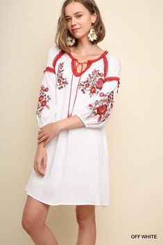 Umgee Red White Embroidered Dress Classy Garden Party, Hijab Styling, Floral Evening Dresses, Exquisite Dresses, White Embroidered Dress, Red Crochet, Comfy Dresses, Embroidery Fashion, Spring Summer Dress