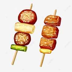 an illustration of some kind of food on a skewer with different toppings