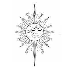 the sun and moon with faces drawn in black ink on a white background, as well as