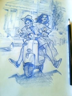 a drawing of two girls on a scooter