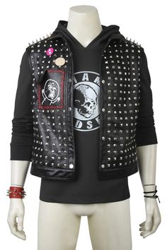 a male mannequin wearing a black jacket with studded sleeves and a skull on it