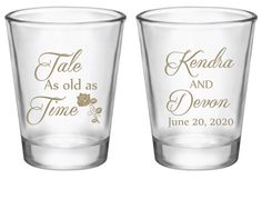 two shot glasses with gold lettering on the bottom and one has a name that reads,'tale as old as time and demon june 20,