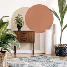 a living room with two potted plants and a rug on the floor next to it