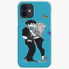 a couple kissing in front of butterflies on a blue background iphone case, with the image of