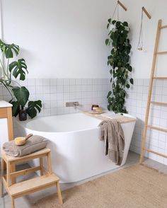 a white bath tub sitting next to a wooden ladder and potted plant in a bathroom