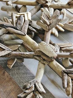 several pieces of driftwood are arranged on the floor