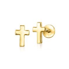 Ross-Simons - 14kt Yellow Gold Cross Flat-Back Stud Earrings. RS Pure. Modern designs that complete your outfit and complement your personality. Keep faith in your fashion with our dainty cross stud earrings. Crafted in 14kt yellow gold, this simple pushpin style features a flat back that won't poke or jab while you're taking a quick nap or getting a full night of beauty sleep. Insert the backing first into a pierced ear, then slide the front post inside to secure. Designed for 24/7 wear, these Cross Stud Earrings, Hogwarts Dr, Pierced Ear, Cross Earrings Studs, Makeup Clothes, Beauty Sleep, Jewelry Essentials, Birthday Wishlist, Cross Earrings