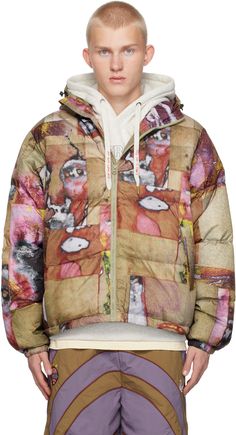 Quilted down-filled nylon taffeta jacket. Graphics printed throughout. · Bungee-style drawstring at hood · Funnel neck · Zip closure · Zip pockets · Concealed bungee-style drawstring at curved hem · Elasticized cuffs · Full taffeta lining Supplier color: Multi Fill: 80% duck down, 20% duck feather. Faces Collage, Face Collage, Taffeta Jacket, Duck Feather, Print Collage, Duck Down, Funnel Neck, Funnel, Down Jacket