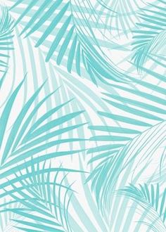 a blue and white wallpaper with palm leaves on the bottom right hand corner, in shades of teal