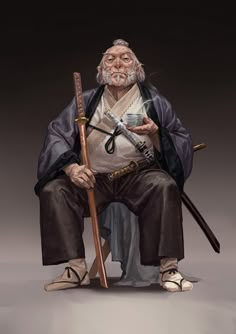 an old man sitting on top of a chair holding a cup and two baseball bats