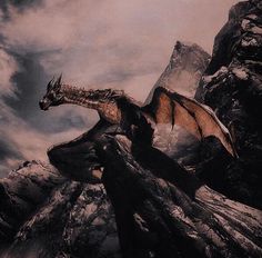 a painting of a dragon sitting on top of a rock formation with mountains in the background