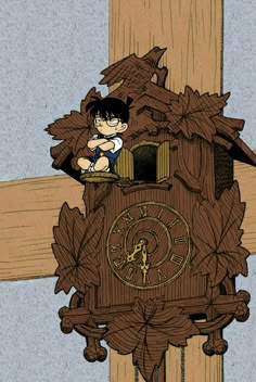 a clock with an image of a boy sitting on it's face and hands