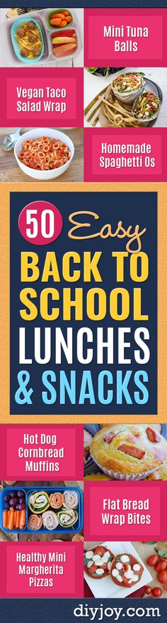 the back to school lunches and snacks flyer is shown in pink, yellow and blue