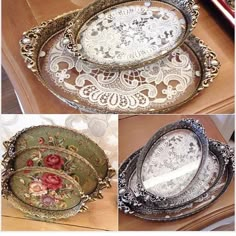 four different pictures of decorative trays with flowers on the bottom, and one is empty