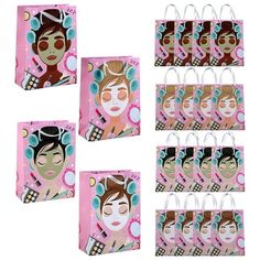 six bags with different images of women's face and hair on them, all in pink