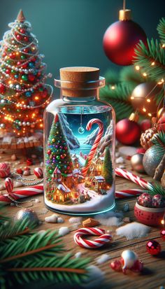 A decorative glass jar showcases a snowy village scene with a candy cane, surrounded by festive ornaments and a Christmas tree. Snowy Village, Decorative Glass Jars, Village Scene, Christmas Wonderland, Decorative Glass, Glass Jar, Winter Christmas, Candy Cane, Glass Jars