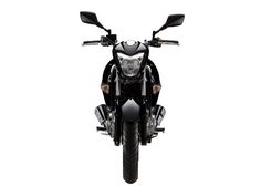 the front view of a black motorcycle on a white background