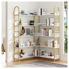 PRICES MAY VARY. 📗📂【Unique L-Shaped & Space】The unique and beautiful L-shaped design fits into all corners of the home to maximize storage space. 10 shelves give you plenty of space for books, models, crafts, and photos. Dimension of this corner bookshelf: 35.55”L x 35.55”W x 73.43”H. 📗📂【Stylish & Modern】The main color consists of white and gold, white shows the beauty of simplicity, gold metal embellishment makes the shelving units and storage looks high-grade and unique, perfect for matchi Gold Bookcase, Corner Shelf Stand, Shelves For Home Office, Bookshelf White, Corner Bookshelf, Light Colored Furniture, Shelf Book, Shelf Stand, Corner Bookshelves