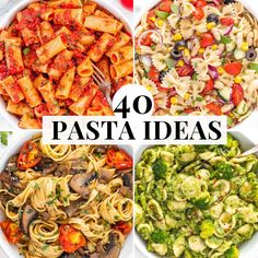 four different pasta dishes with the words 40 pasta ideas