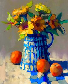 an oil painting of oranges and flowers in a blue vase on a tablecloth