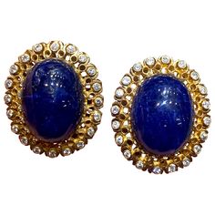 These beautiful 18k gold Lalaounis clip-on earrings consist of cabochon lapis lazuli surrounded by diamonds. The earrings are part of a set with a matching ring which is listed separately on 1st Dibs. 1st Dibs, Matching Ring, Matching Rings, Lapis Lazuli, Clip On Earrings, Diamond Earrings, 18k Gold, Diamonds, Ring