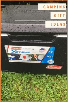 a cooler sitting in the grass with text reading camping gift ideas