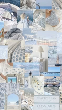 a collage of photos with blue and white colors