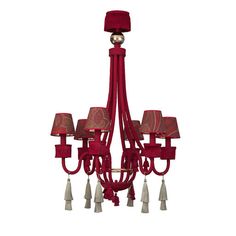 a red chandelier hanging from the ceiling with four lights on each side and tassels