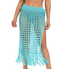 Blue Green Hollow-out High Split Tasseled Beach Skirt Womens Skirt Outfits, 2023 Crochet, Crochet Beginners, Maxi Skirts Summer, Crochet Bikinis, Beach Crochet, Skirt Coverup, Crochet Cover, Ideas For Clothes