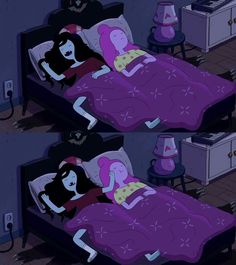 two cartoon characters laying in bed together