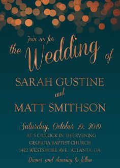 an elegant wedding card with gold confetti lights on the dark blue background is shown