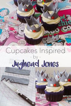 cupcakes inspired by jyghead jones are displayed on a table with scissors