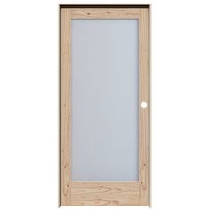 a wooden door with frosted glass on the top and bottom panel, in light wood