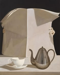 a painting of a teapot, cup and saucer on top of a table