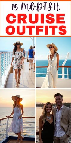 four photos with the words 15 most cruise outfits