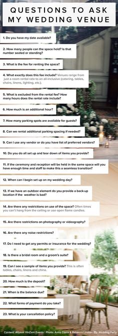 an advertisement for a wedding venue with the words, questions to ask my wedding venue