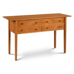 a wooden table with two drawers on one side and an open drawer on the other