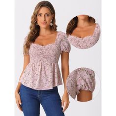 The sweetheart neckline has always felt like a subtle nod to the past. This elegant silhouette punctuates the collarbone while creating a linear line that is comfortable and beautiful. Puff sleeves are retro, romantic, girly, and sweet, making these casual tops more unique and charming, creating a stylish look for you. This Women's Summer Ditsy floral Peplum Top is a must-have in your wardrobe, perfect for leisure fashion wear. Fitted Floral Print Top With Sweetheart Neckline, Feminine Ruffled Tops With Sweetheart Neckline, Fitted Ruffle Tops With Sweetheart Neckline, Fitted Ruffle Top With Sweetheart Neckline, Fitted Tops With Ruffles And Sweetheart Neckline, Feminine Tops With Sweetheart Neckline And Fitted Bodice, Feminine Fitted Blouse With Smocked Bodice, Fitted Feminine Blouse With Smocked Bodice, Fitted Pink Blouse With Smocked Bodice