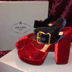 100% Authentic Rare Limited Edition Style; Red And Navy Velvet Prada Strappy Sandals With Chunky Heel, Gold-Tone Metal Hardware And Chunky Belted Closure; 5.125" Heel Great Condition; Signs Of Wear On Soles Leather And Velvet Size Eur 37.5 Us 7 Comes With Original Box & Each Shoe Has Its Own Satin Draw String Bag To Prevent Contact Luxury Red Heels With Buckle Closure, Designer Red Heels With Buckle Closure, Designer Red Platform Sandals, Designer Red Block Heel Shoes, Designer Red Block Heel Heels, Designer Red Block Heels, Chunky Heel Sandals, Shoes Prada, Velvet Heels