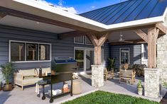 a covered patio area with furniture and an outdoor grill on the side of the house