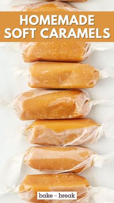 homemade soft caramels in plastic wrappers on top of each other