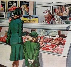 a woman and child looking at meat in a store